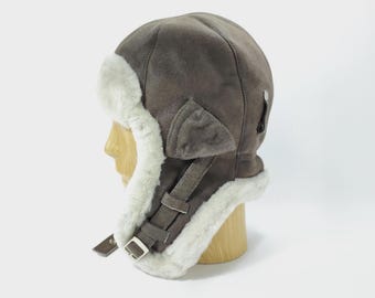 SALE BOMBER 63cm Leather Trapper Cap brown Shearling Winter Chapka Ushanka Pilot Genuine Earflap Trooper Sherpa Russian Soviet Warm Ear Tabs