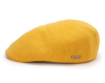 Yellow Linen Flat Cap, 5 Panel Summer Newsboy Cap  Ship from US