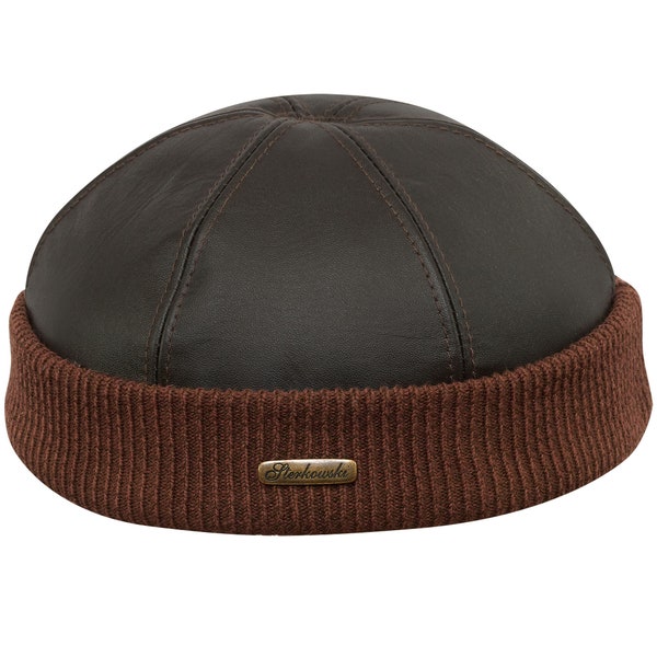 NAVY WATCH Bonnet de débardeur en cuir Casquette de débardeur avec bord-côtes Chaussette d'hiver militaire Leon Docker Chapeau en peau de tête de mort MARRON