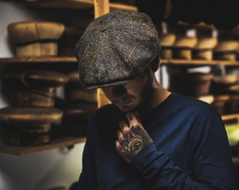 PEAKY Echte Krantenjongen Schotse Harris Tweed 8 Panel Man Flat Cap Grote Kroon Golf Hoed Wol Handgemaakte Casquette Ierse Baker Boy BRUIN-BLAUW