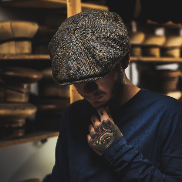 PEAKY véritable Gavroche écossaise Harris Tweed 8 panneaux pour homme Casquette plate grande couronne Chapeau de golf en laine fait main Casquette Irish Baker Boy MARRON-BLEU