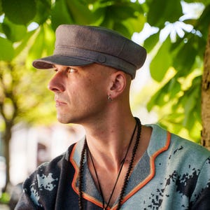 PIREUS Linen Greek Fisherman Breton Summer Linen Cap Sailor Captains Skipper Seaman Mariner Boatman Seafarer Yachtsman Trawler Peaked GRAY