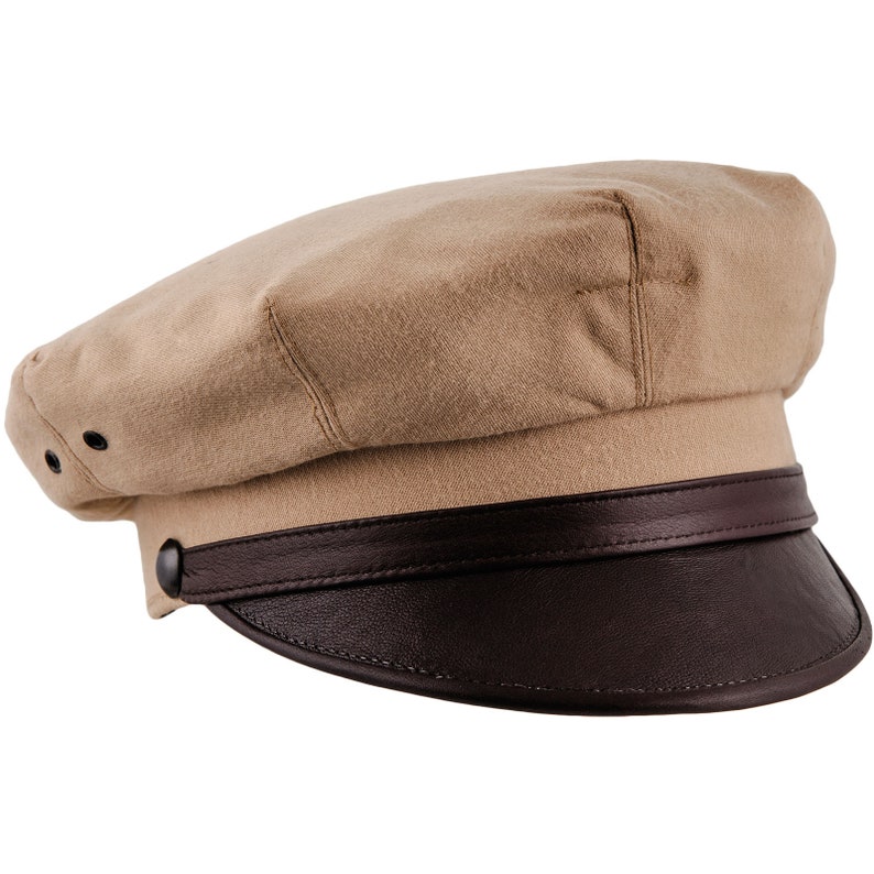 1940s Mens Hats | Fedora, Homburg, Pork Pie Hats ELVIS Cotton Rockabilly Biker Cap Retro Motorcycle Natural Leather Peaked Sixties Mod Urban Milkman Cab Driver Rock and Roll Hat BEIGE-BROWN $60.00 AT vintagedancer.com