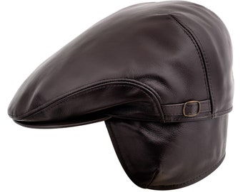 PROMOÇÃO - Boné Byron de couro, tamanho 56 cm, com abas dobráveis para as orelhas, estilo jornaleiro inglês, para golfe, na cor marrom natural. Ideal para o inverno.