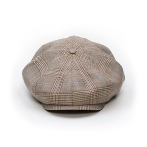 Pu&ograve; includere: Un cappello newsboy a quadri marrone e beige con corona arrotondata e piccola visiera rigida. Il cappello presenta un bottone sulla parte superiore e un design classico e su misura. Il tessuto ha un aspetto sottilmente strutturato.