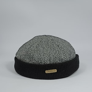 NAVY WATCH Harris Tweed Dock Worker Beanie Stevedore Longshoreman Cap with Ribbing Sailor Military Leon Docker Sock Skull Hat GRAY-bLACK