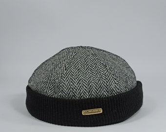 NAVY WATCH Harris Tweed Dock Worker Beanie Stevedore Longshoreman Cap with Ribbing Sailor Military Leon Docker Sock Skull Hat GRAY-bLACK