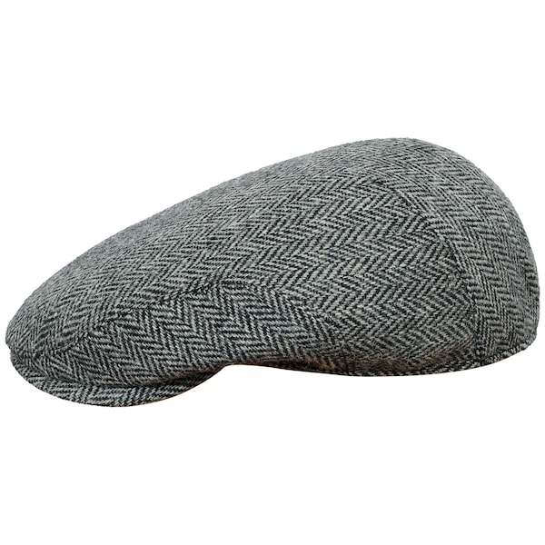 ALEX Harris Tweed Classic Flat Cap  English  Dai Jeff Derby Paddy Driving Duffer Cheese-Cutter Newsboy GRAY-BLACK