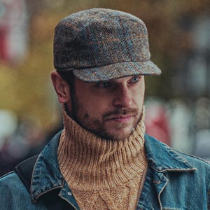 HUDSON Genuine Scottish Harris Tweed Pure Wool Earflap Winter Cap Herringbone Danish Patrol Baseball Trucker Ear Tab Militar Hat BROWN-BLUE