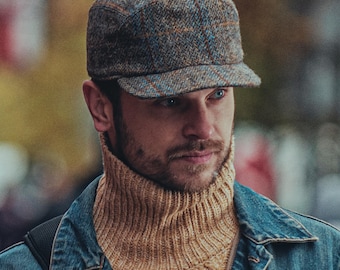 HUDSON Genuine Scottish Harris Tweed Pure Wool Earflap Winter Cap Herringbone Danish Patrol Baseball Trucker Ear Tab Militar Hat BROWN-BLUE