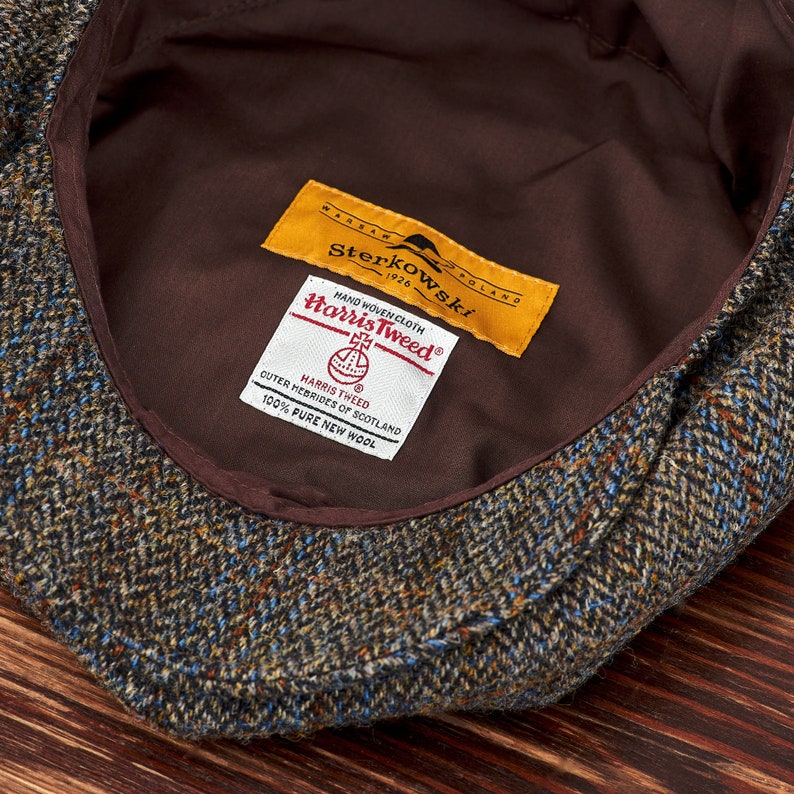 PEAKY Genuine Scottish Harris Tweed 8 Panel Newsboy Cap Apple Bandit Hooligan Large Crown Golf Hat Wool BROWN-bLUE image 10