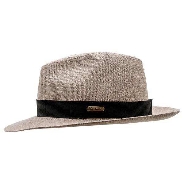 SUGARCANE sombrero de verano de ala ancha Fedora de lino natural con cinta desmontable BEIGE