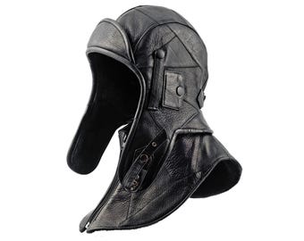 KATHMANDU Genuine Leather Pilot Aviator Motorcycle Cap Polar Fleece Lining Detachable Collar Steampunk Trooper Earflap Hat BLACK