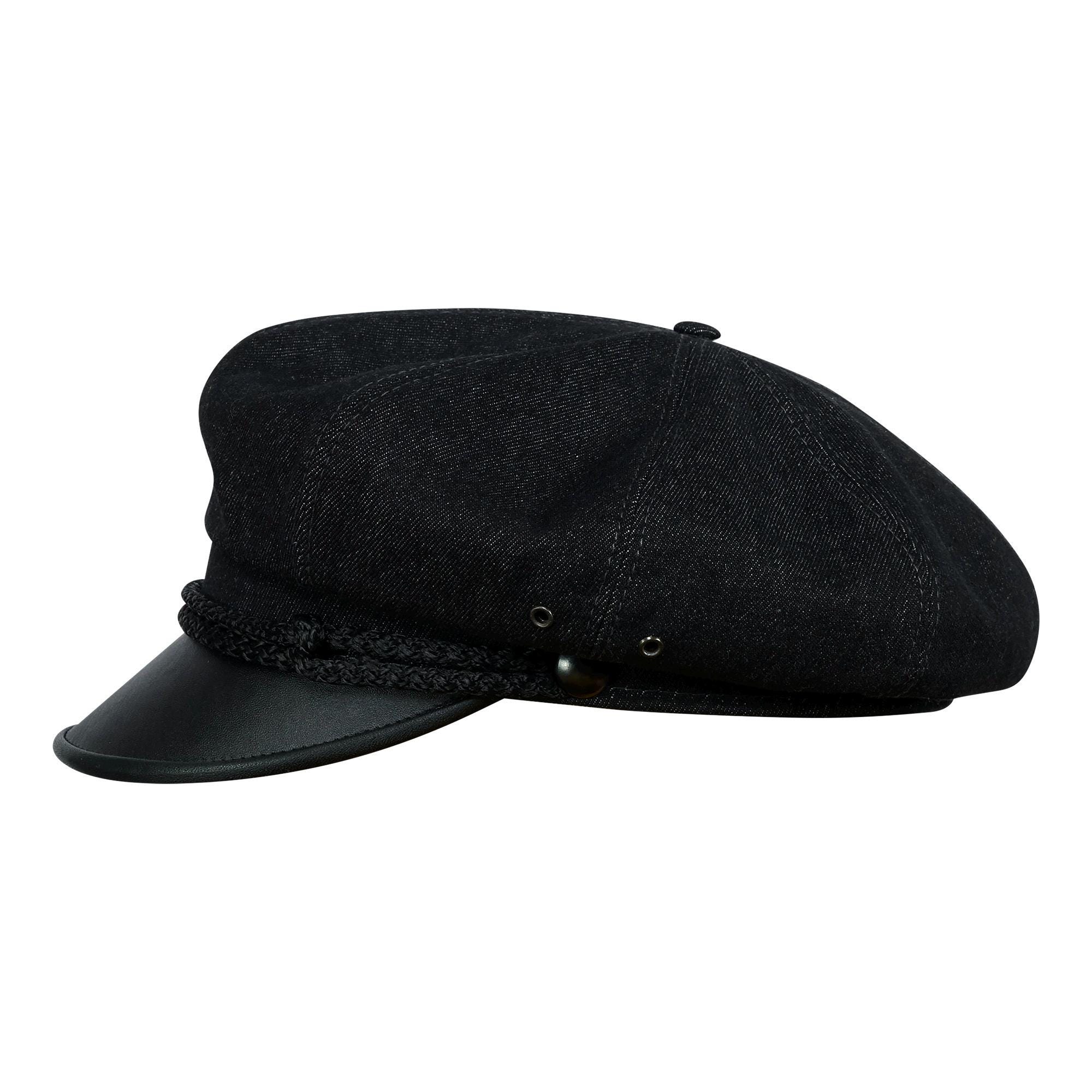 帽子 BOHEMSEO [2ND] TWEED HUNTING CAP, BLACK HARLEY Denim Crown With Natural Leather Visor Motorcycle Cap