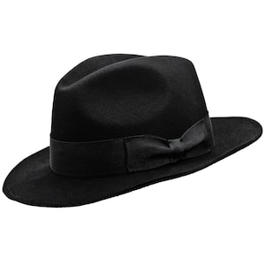 VINCENT Rabbit Felt Wide Brim Fedora Mens Hat Coney Lapin Classic Jazz Boho Mobster Gangster Dressy Trilby Fashion Large Brim BLACK