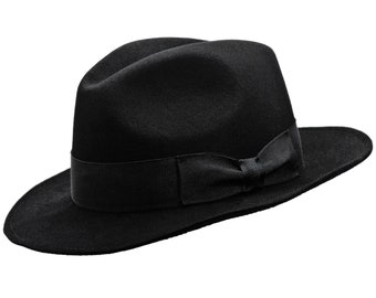 VINCENT Rabbit Felt Wide Brim Fedora Mens Hat Coney Lapin Classic Jazz Boho Mobster Gangster Dressy Trilby Fashion Large Brim BLACK