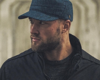 SALE PATROL 57 cm Harris Tweed Patrol Cap blau-schwarz Accessoire Ranger Jockey Schlichte Baseball Cap Trucker Sport Snapback Militär Jagd Strapback