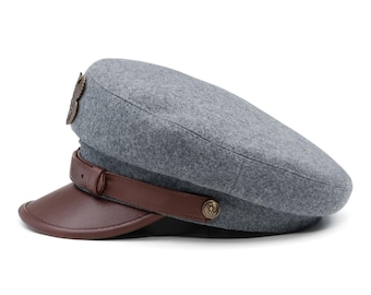 LEGION MACIEJOWKA Wool Cloth Leather Bill Polish Rifleman Historical Cap Collectible Headgear Large Size gRAY-bROWN