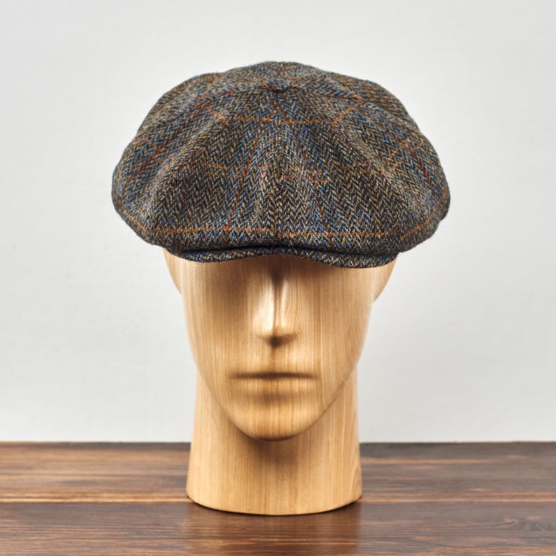 PEAKY véritable Gavroche écossaise Harris Tweed 8 panneaux pour homme Casquette plate grande couronne Chapeau de golf en laine fait main Casquette Irish Baker Boy MARRON-BLEU image 9