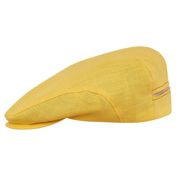 DERBY Pure Linen Flat Cap  Breathable Mesh Lining Summer Spring Vented Sun Protection Beach Festival Hat Bunnet English Dai YELLOW
