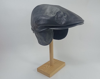 SALE-BYRON Leather Flat Cap with Foldable Earflap  Ear Tabs Natural  English Flat Newsboy Poor Boy Golf Scally Cap Skin Hat BLACK