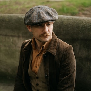 PEAKY Genuine Authentic Scottish Harris Tweed 8 Panel Newsboy Cap Traditional Apple Bandit Large Crown Golf Hat Gangster Wool BROWN-BLUE
