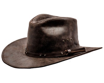 BUCKAROO Genuine Leather Western Cowboy Hat Outback Rodeo Old West Cattleman Rancher Cowman High Plains Drifter Wild West Horse Riding BROWN