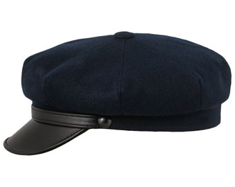 Wool Biker Cap Cloth Genuine Leather Visor Motorcycle Harley Riding Peaked Hat Duty Officer Retro BLUE-BLACK