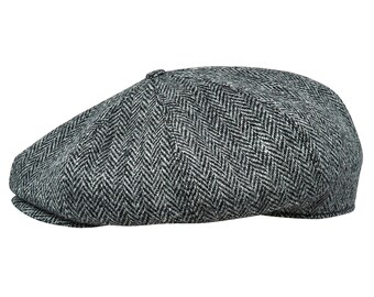 PEAKY Casquette gavroche 8 panneaux Harris tweed véritable écossais Apple Bandit Hooligan Ivy Grande couronne chapeau de golf Laine GRIS-NOIR