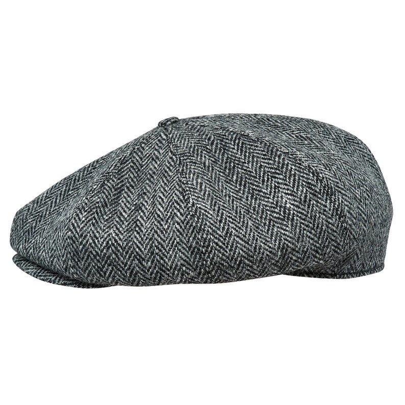 PEAKY Casquette gavroche 8 panneaux Harris tweed véritable écossais Apple Bandit Hooligan Ivy Grande couronne chapeau de golf Laine GRIS-NOIR image 1