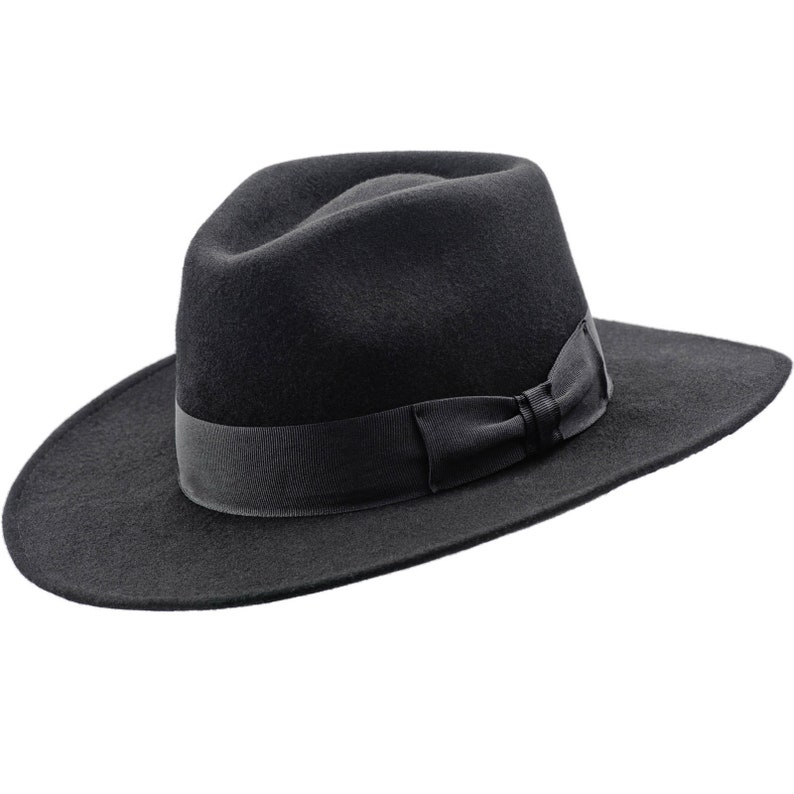CHICAGO Wool Felt Teardrop Fedora Top Wide Brim Gambler Hat Jazz Vintage Boho Mobster Gangster Crown Dressy Mens Trilby Elwood Baldwin BLACK