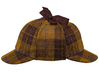 DEERSTALKER véritable tweed Harris écossais pure laine casquette de soldat de chasse trappeur chasseur de cerf 6 panneaux cache-oreilles à carreaux tartan check JAUNE