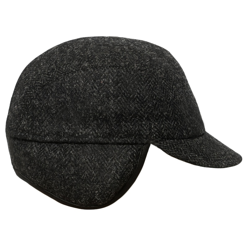 1930s Style Mens Hats and Caps     HUDSON Genuine Scottish Harris Tweed Pure Wool Earflap Winter Cap Herringbone Danish Patrol Baseball Trucker Ear Tab Military Hat BLACK-GRAY  AT vintagedancer.com