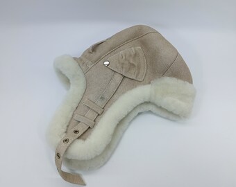 VENTE ! BOMBER 57 cm en peau de mouton retournée casquette aviateur hiver Chapka Ushanka trappeur pilote véritable oreillette Trooper Sherpa russe soviétique BEIGE chaud