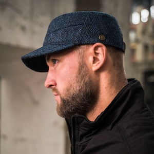 PATROL Harris Tweed Wool Patrol Cap Jockey Hat Military Hunting Baseball Cap Adjustable Leather Strap Outdoor Sports Snapback BLUE-BLACK