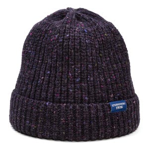 May include: A dark purple knit beanie with a ribbed design. The hat has flecks of color throughout and a small blue tag that reads "STERKOWSKI 1926". This winter hat is a stylish accessory for cold weather.