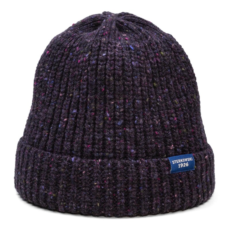 May include: A dark purple knit beanie with a ribbed design. The hat has flecks of color throughout and a small blue tag that reads "STERKOWSKI 1926". This winter hat is a stylish accessory for cold weather.