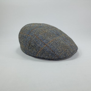 SALE!-IVY FIVE 55cm Genuine Scottish Harris Tweed Pure Wool English 5 Panels Flat Cap with Warm Quilted Padded Lining quered BRoWN-BLuE