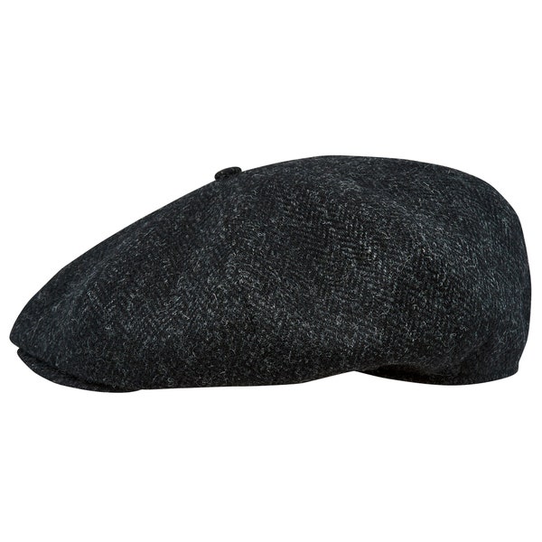 PEAKY véritable tweed Harris écossais 8 panneaux casquette gavroche boulanger garçon pomme bandit grande couronne chapeau de golf gangster laine NOIR-gris