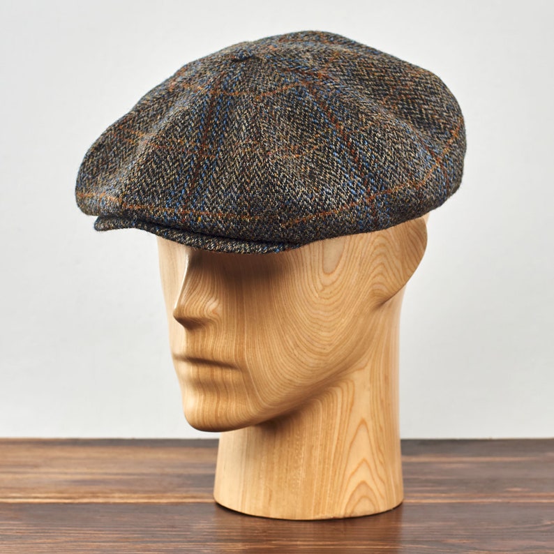 PEAKY Genuine Scottish Harris Tweed 8 Panel Newsboy Cap Apple Bandit Hooligan Large Crown Golf Hat Wool BROWN-bLUE image 9