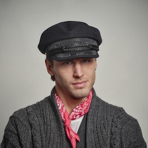 KASHUBIA MODEL 3 Cotton Merchant Fleet Officer Sailor Mariner Captains Spring Hat Trawler Dragger Seafarer Yachtsman Peaked Sun Cap BLACK