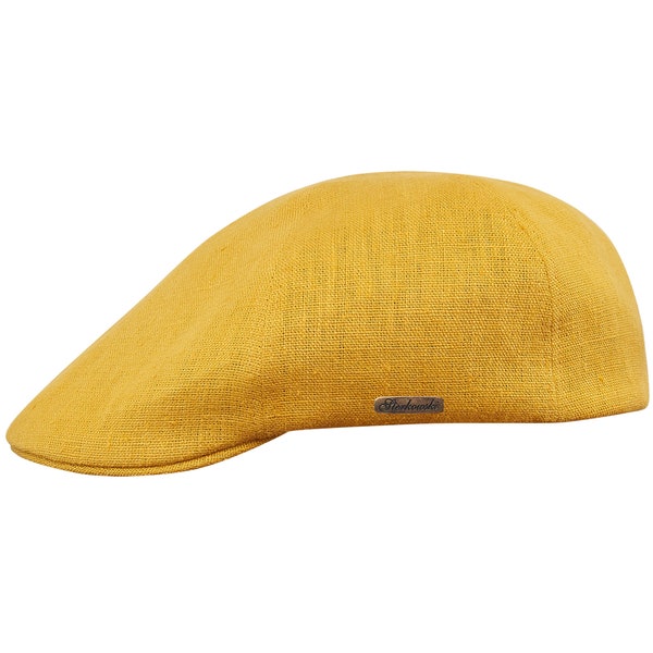 RUSTY Linen Duckbill Mens Summer Flat Cap Cabbie  Driving Bicycle  Duffer Bunnet Crook Cheese-Cutter Jeff Scally Joao YELLOW