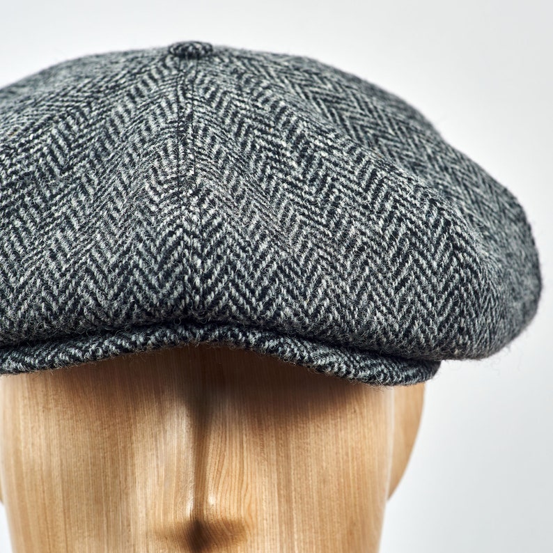 PEAKY Casquette gavroche 8 panneaux Harris tweed véritable écossais Apple Bandit Hooligan Ivy Grande couronne chapeau de golf Laine GRIS-NOIR image 9