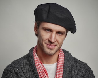 GRAND CLASSIC Wool Cloth Sewn Men's Beret French Artist Bohemian Beatnik Military Army Scout Reservist Warm Winter Autumn Beret Hat BLACK