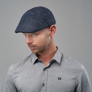 IVY FIVE Genuine Scottish Harris Tweed Pure Wool English 5 Panels Flat Cap Quilted Padded Lining Chequered Plaid Tartan Sixpence BLUE-rED