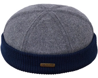 NAVY WATCH Wool Cloth Dock Worker Beanie Stevedore Longshoreman Cap with Ribbing Sailor Trawler Leon Docker Winter Sock Skull Hat GRAY-bLUE