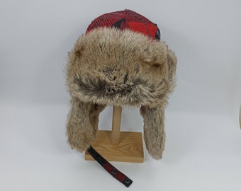 VENTE ! BCHERON 59 cm véritable chapeau d'abattoir pilote chapka Harris tweed écossais, bûcheron Ushanka bûcheron ROUGE