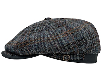 MALONE Genuine Scottish Harris Tweed Pure Wool  Cap Baker Boy Newsboy Applejack Paper Poorboy  Gangster Irish Hat BLUE-BLACK