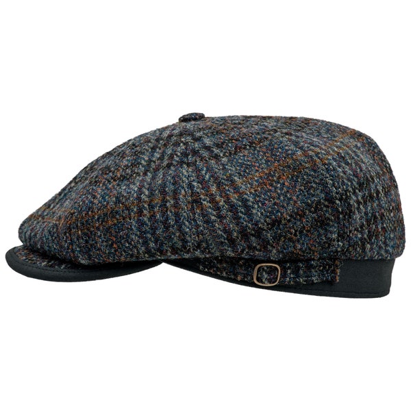 MALONE Schiebermütze 8/4 Harris Tweed Buntes Dunkles Karomuster BLAU-SCHWARZ