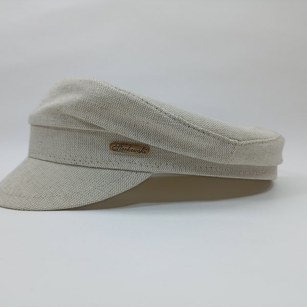 SALE!-FIDDLER 65cm Linen Greek Fisherman Peaked Cap Jewish Tevia Airy Lightweight Sailor Boatman Mariner Barge Urban Summer BEIGE